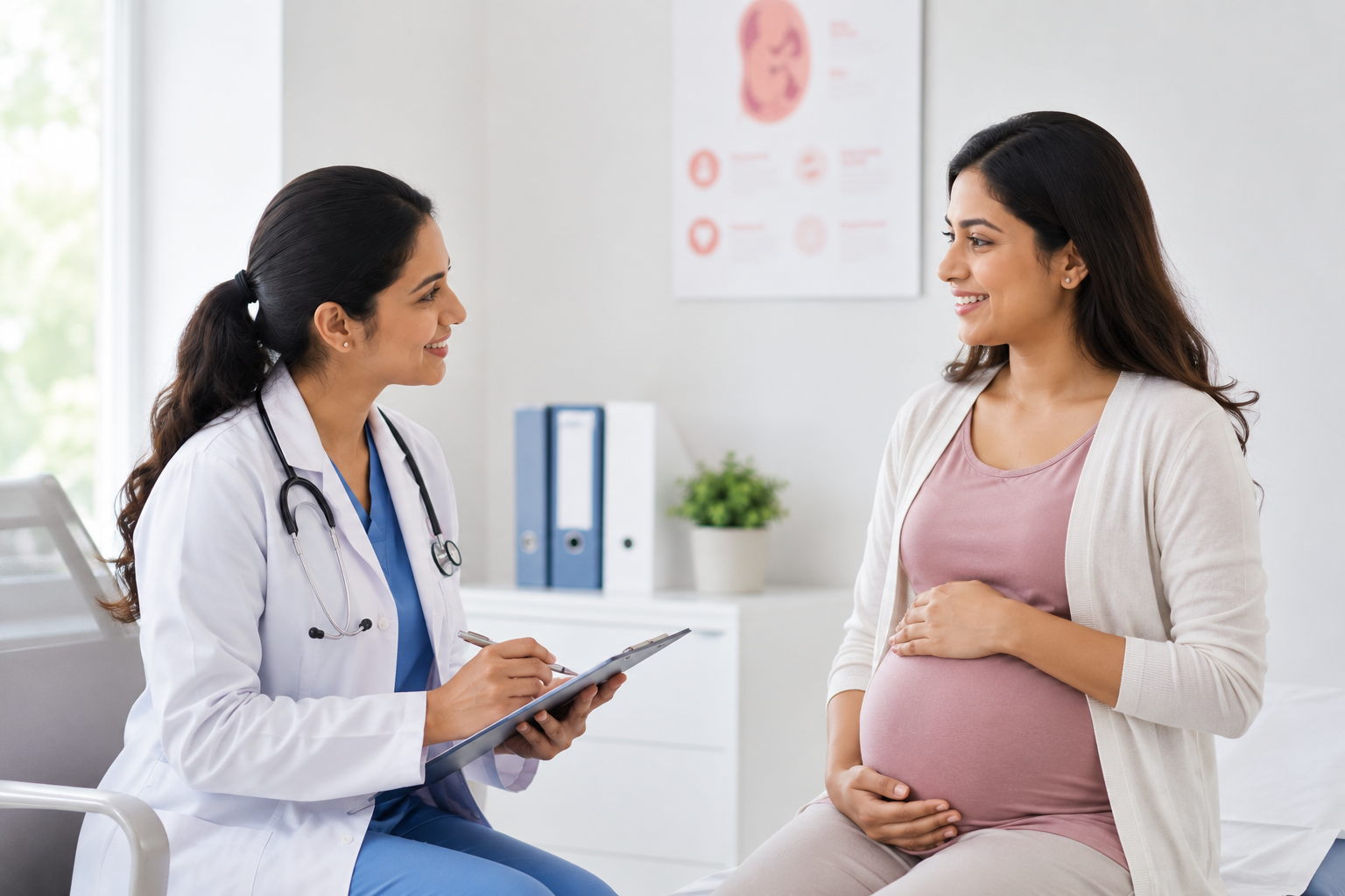 Fertility doctor consulting with a pregnant patient